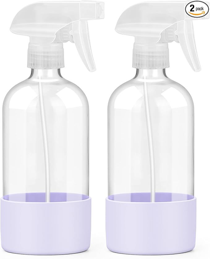 Glass Spray Bottles - 2 Pack 16 oz Clear Spray Bottles with Silicone Sleeve | Adjustable Nozzle, Mist/Stream, Refillable, Leak-proof, Anti-slip, Perfect for Hair, Cleaning Solutions, Plants, Purple