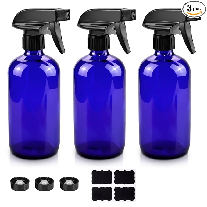 Glass Spray Bottles - 3 Pack 16 oz Refillable Clear Spray Bottles for Hair | Blue Glass, Adjustable Nozzle, Refillable Container, Leak-proof, Spray Bottles for Hair, Cleaning Solutions, Plants, 3 Pack