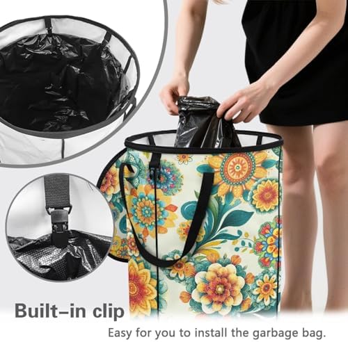 doginthehole Boho Blossoms Outdoor Trash Can with Lid Retro Floral Garbage Bins Outside Pop Up Recycle Garbage Cans Collapsible Trash Can for Camping Picnic Yard Beach, 22.83x17.71 in