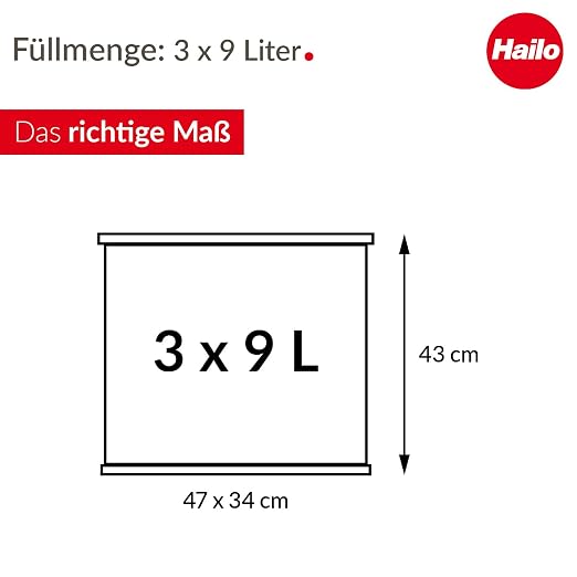Hailo OKO Trio Plus 0633-260 Pedal Waste Separator Kitchen Trash Can with 3 x 9L Removable Inner Buckets with Soft-Close Lid, Wide Foot Pedal, Multi-Compartment Recycling Bin, Black