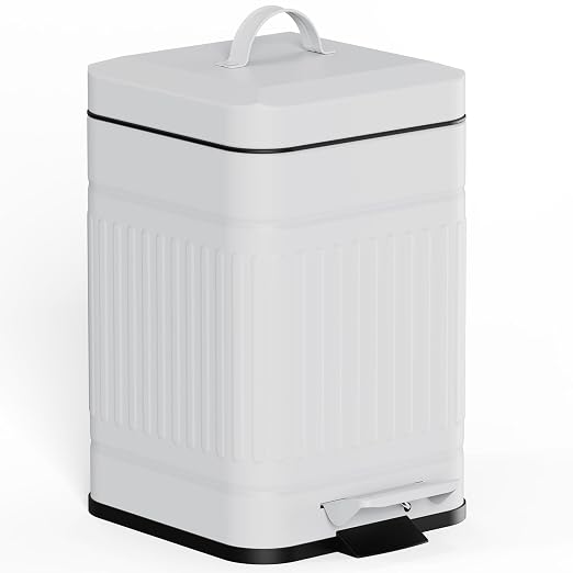 CEROELDA Small Trash Can with Lid-5L/1.3 Gal, Stainless Steel Outdoor Dog Poop Garbage Can-Farmhouse Retro Metal Waste Bin w/Step Pedal for Bathroom Bedroom Office-Soft Close-White