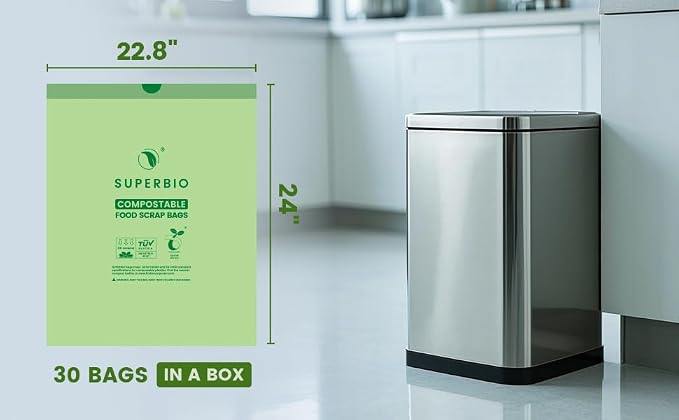 SUPERBIO 8 Gallon Compostable Drawstring Kitchen Waste Bags | 30.3 Liter, 30 Count, 1 Mil, Heavy Duty Food Waste Bags, BPI, Seedling and OK compost INDUSTRIAL