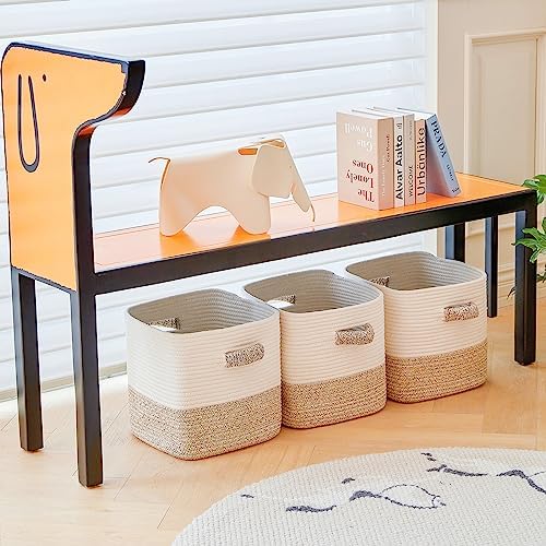 R RUNKA Storage Cube Baskets 3-Pack - 11 inch Square Baskets, Closet & Shelves Organizers - Woven & Drawer Storage - Ideal for Toys | White & Beige