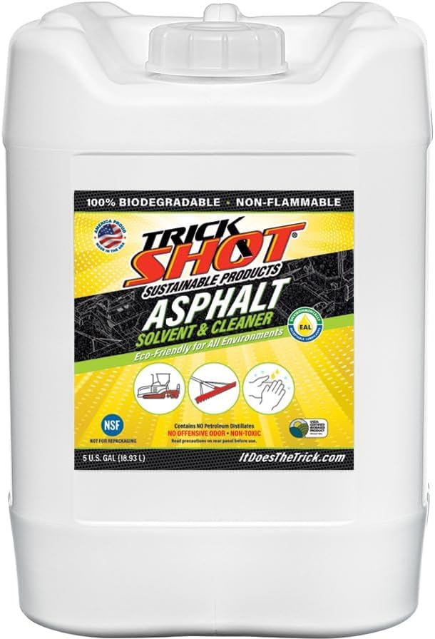 Trick Shot Asphalt Solvent and Cleaner - USDA Biobased Industrial Degreaser for Paving Equipment & Tools, Heavy Duty Formula, Food Grade Tar Remover & Bitumen Remover, Made in USA - 5 Gallons