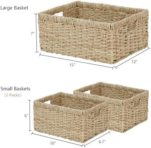 Vagusicc Wicker Basket, Set of 3 Hand-woven Storage Baskets for Organizing, Seagrass Wicker Storage Basket Bins with Handles, Small Toilet Paper Storage Baskets for Shelves Pantry Baskets (Seagrass)