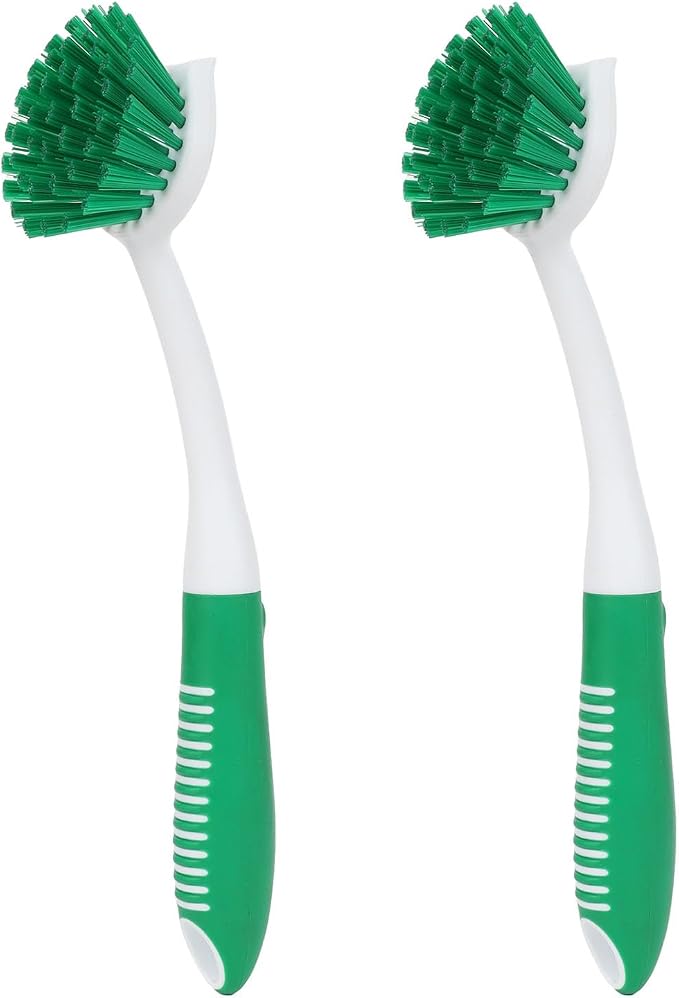 Dish Brush with Handle, 2 Pack Scrub Brushes, Green | Built-in Scraper, For Cleaning Kitchen, Pots, Pans and Sink, Scrubber Washing Tools