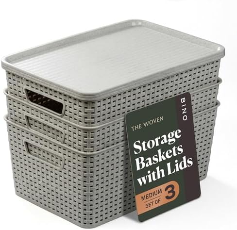 BINO | Plastic Storage Baskets with Lids, 15.5 Liter - 3 Pack, Natural Grey | THE WOVEN COLLECTION | Storage Basket for Shelves | Woven Storage Baskets for Organizing Bins | Pantry Shelf Organizer Bin