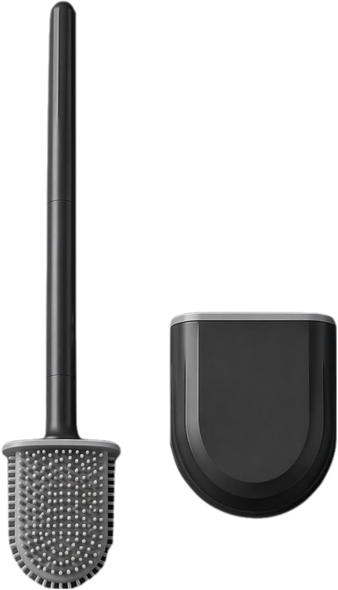 RV Silicone Toilet Brush with Holder, Drill-Free Wall Mounted Toilet Bowl Cleaner, Anti-Drip Anti-Roll Compact Brush for RV Camper & Small Bathroom (Black)
