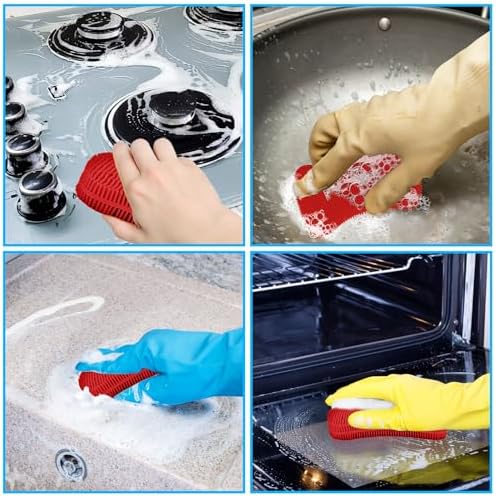 5 Pack Silicone Dish Sponges for Kitchen, Double Sided Silicone Dish Scrubber, Multipurpose Kitchen Scrubber Sponge, Vegetable Brush (Red)