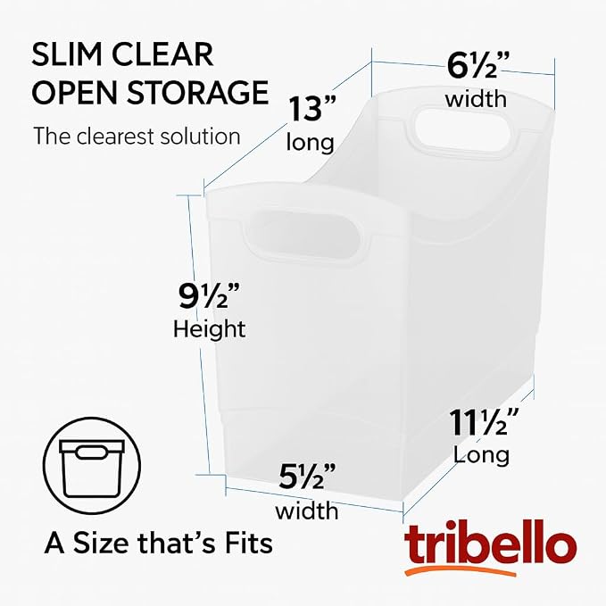 Modern Narrow Organizer Storage Bin, Clear Plastic Household Storage Container for Kitchen Pantry storage, Under Sink Bin, Bathroom/Laundry Room - Made In USA - 2 Pack (Narrow - 13” X 9” X 6”)