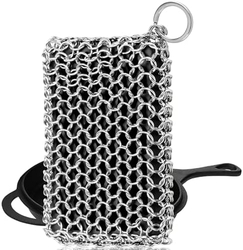 Herda 316L Cast Iron Scrubber Cleaner, Large Chainmail Cast Iron Cleaner | Honeycomb Silicone Insert, Flexible,Stainless Steel Chain Mail Metal Sponge Scrub Skillets,Oven,Flat Top,Grill Pan Pot Brush