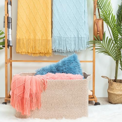 MINTWOOD Design 22in Extra Large Blanket Basket Holder Living Room, Rectangle Rope Woven Storage Basket with Handles for Laundry, Pool Towels, and Shoes, Dog Toy Organizer Bin Box, Oatmeal Brown