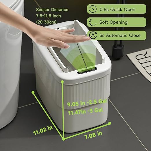 Sensor Bathroom Trash Can 2.5 Gallon,Kitchen,Office,RV,White | hanging,butterfly lid, narrow space,ABS Superior Quality,Touchless Automatic Trash Bin,Motion Sensor Garbage Can