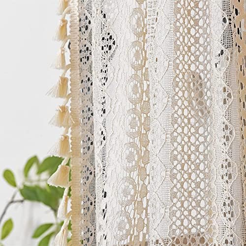 Sutuo Home Beige Boho Lace Short Curtain 36 inch Length for Kitchen Window Curtains Over Sink,Farmhouse Crochet Bohemian Valance Semi Sheer Vintage Chic Handmade Tassels, Rod Pocket,1 Panel 59" W