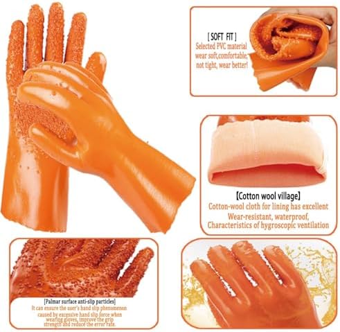 YOFANG 17.7" L Pet Grooming Bathing Gloves for Dogs & Cats | Anti-Bite & Anti-Scratch Pet Hair Removal Gloves with Soft 3500+ Particles, Waterproof Rubber Washing Gloves,Orange/Green