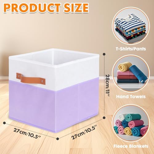 ShellKingdom Storage Bins, Two-Tone Foldable Fabric Storage Cubes with Leather Handle for Closet Toys Clothes Storage Organizer Drawer, 10.5 X 10.5 X 11 inch, 2 Pack (White/Lavender)