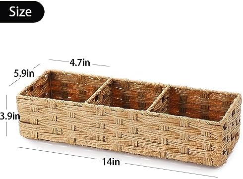 Toilet Tank Topper Paper Basket Multiuse Hand Woven Plastic Wicker Basket Bins with Divider for Shelves Rustic Farmhouse Bathroom Decor Countertop Light yellow