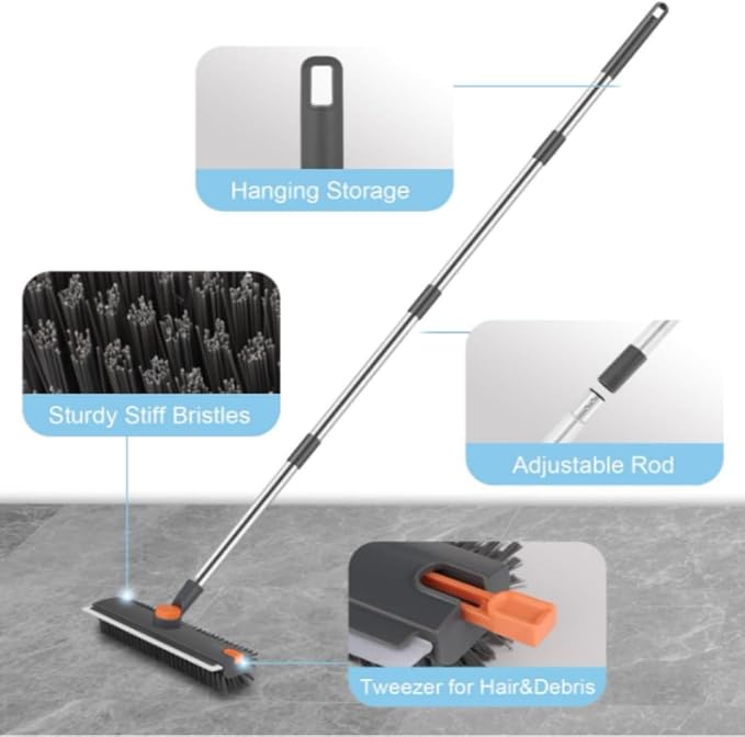 Floor Scrub V Brush with Long Handle, 4 in 1 Multi-Angle Swivel Right Angled Bristle Floor Scrubber Brush with Squeegee and Tweezer for Cleaning Tile Wall Deck Bathroom Patio Garage Kitchen