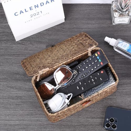 Sumnacon Small Wicker Basket with Lid,Tampon Holder for Bathroom,Coffee,XS | Natural Seagrass Female Product Organizer for Toiletries Pad Tampon Storage,Farmhouse Woven Baskets for Shelf, Toilet Tank
