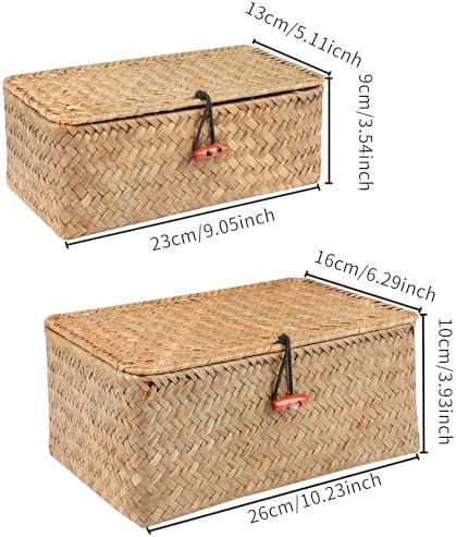 Moosky Wicker Shelf Baskets with Lid,Handwoven Seagrass Basket for Storage Basket Bins Rectangular Home Organizer Gift Boxes (Natural Set of 2)