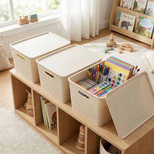 BINO | Plastic Storage Baskets with Lids, 45 Liter - 3 Pack, Natural | THE WOVEN COLLECTION | Storage Basket for Shelves | Woven Storage Baskets for Organizing Bins | Pantry Shelf Organizer Bin