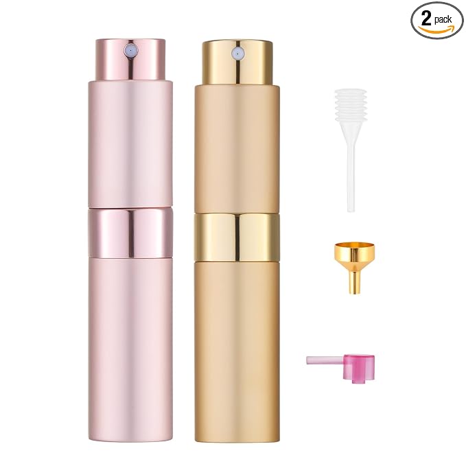 Tekson Travel Perfume Atomizer Refillable, 8ml Spray Bottle, Pink&Gold | Mini size cologne sprayer, empty fragrance container, fine mist, twist up, leak-proof, portable, for men & women, TSA