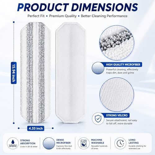 10 Pack H2prO Mop Pads,Compatible with O Cedar H2prO Flat Mop System Universal Mop Pads Mop Head Refills Washable Wet Mop,Replacment for Vileda H2prO Size Mops 15.94'' x 4.33''