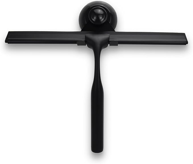 Matte Black Shower Squeegee for Glass Doors with Adhesive Hooks, Squeegee for Shower Glass, Cleaner Tool for Bathroom Household Window Mirror Tile Wall Car, 10 Inch Black
