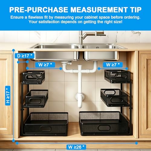 Under Sink Organizer,3-Tier Thickened Metal Pull out Cabinet OrganizerShelf | Height Adjustable Slide out Storage Drawer Rack for under sink organizer bathroom Kitchen,Laundry Room & Pantry