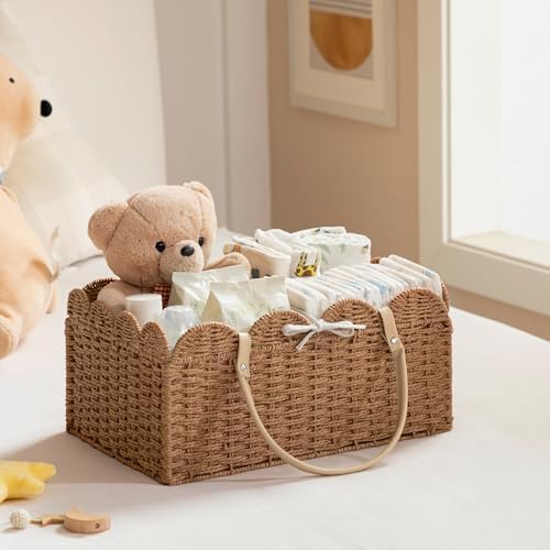 HBlife Large Baby Diaper Caddy, Paper Rope Storage Baskets Nursery Bin with Removable Divider, Portable Car Organizer for Diapers, Baby Shower Gifts, Newborn Essentials Must Haves
