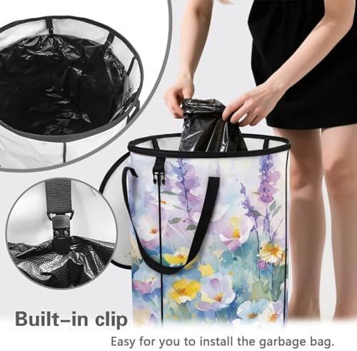 doginthehole Aesthetic Oil Painting Floral Collapsible Trash Can Camper Trash Can with Lid, 22.83x17.71, Waterproof Bag Outdoor Garbage Bin Storage Accessories, 23 Gallons