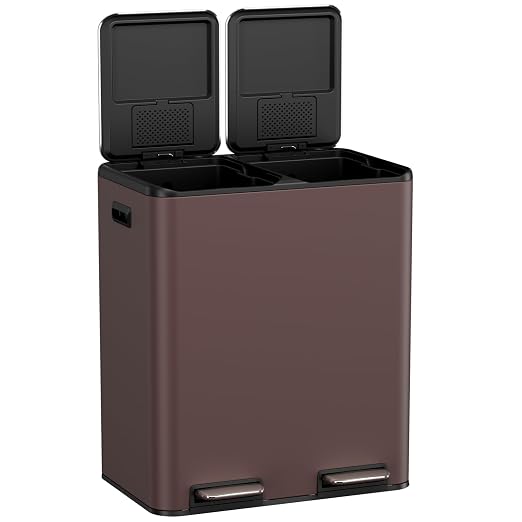 TLSUNNY 2 X 8 Gallon Double Compartments Kitchen Trash Can, Stainless Steel | Dual Trash and Recycling Bins with Odor Control, Soft-Close Lid, Removable Inner Bucket, Handle, Pedal, for Home, Brown