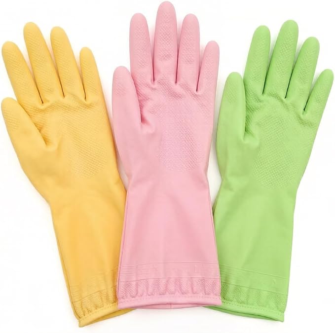 3 Pairs Dishwashing Gloves for Women, Soft Skin-Friendly Rubber Kitchen Gloves for Dish Washing & Cleaning