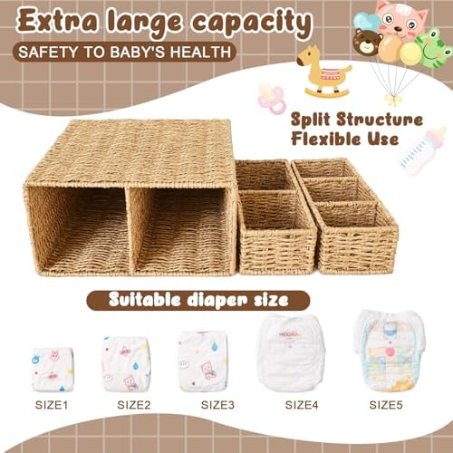 Large Wicker Diaper Caddy Changing Table Organizer, Khaki, Paper | Detachable Modular Diaper Caddy for Nursery, Woven Diaper Storage Dispenser Basket for Nursery Diapering Baby Essentials Gift