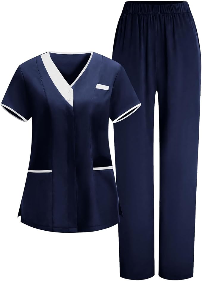 2026 Housekeeping Uniform Cleaning Uniforms - Button V Neck Top & Pants with Multi Pockets - Scrubs for Women
