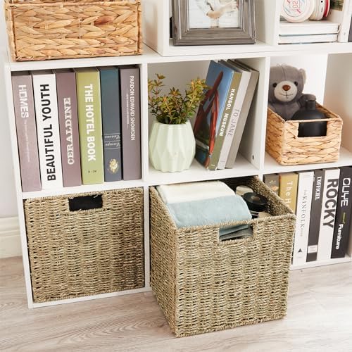 Vagusicc Wicker Storage Basket, Set of 2 Seagrass Storage Baskets, 13 Inch Foldable Wicker Basket Square Cube Storage Bins Storage Baskets for Organizing Shelf Baskets, 13''x13''x13''