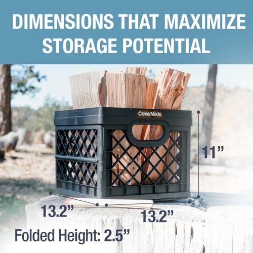 CleverMade Collapsible Milk Crate (100% Recycled) - 25L - Obsidian | Organize Files, Groceries, and Gear in One Crate | Built-In Rails Hold Letter Folders, While the Frame Stacks Securely