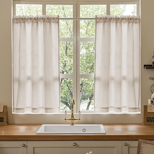 40 Inch Short Linen Curtains 2 Panels Rod Pocket for Small Window | Bedroom Living Room, Light Coffee Tan Beige, Front Door Curtain, Rustic, Semi Sheer Privacy, Basement Drapes, W34xL40