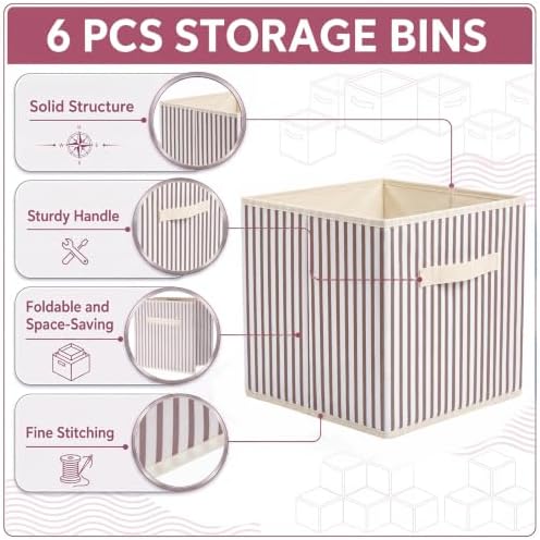 Amyhill 6 Pack Khaki Striped Basics Collapsible Fabric Storage Bins | with Handles, Foldable Storage Cubes, 11 Inch, Closet Decorative Organizer, Baskets for Shelves Units, Home, Dorm