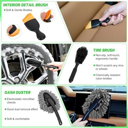 Nilight 37PCS Car Detailing Kit for Interior Exterior Car Care, Green | car wash cleaning kit with storage bag, Deep Clean Car Care Glass Windshield Dashboard Seat Air Vents Wheels Tires
