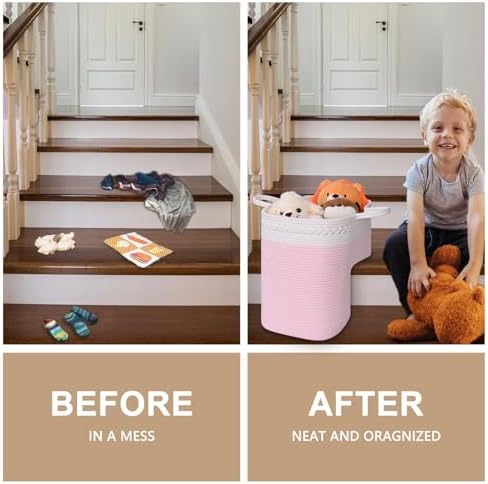 Stair Basket for Wooden & Carpeted Stairs, Foldable Cotton Rope Step Basket with Handles, Staircase Storage Organizer, Pink, 15" Lx 10" W x 15" H