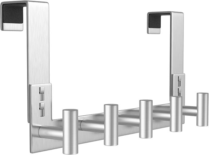 PMMASTO Door Hanger for 1-3/4 Inch Doors, Silver- 5 Hooks, T Shape | Stainless Steel Door Hooks Organize Coats Towels Robes in Bathrooms Bedrooms Closets