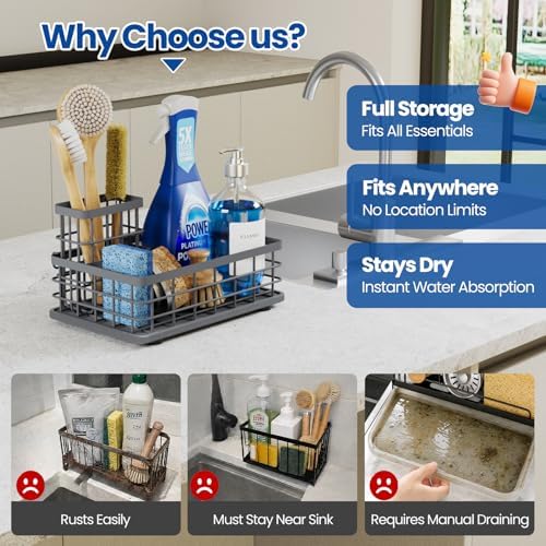 Kitchen Sink Organizer, Large Sink Caddy with Sponge Holder & Diatomite Mat | Cleaning Supplies in One Place, Kitchen Countertop Organizer, Home Essentials, Brush Holder, Quick Dry Tray, Fewer Puddles