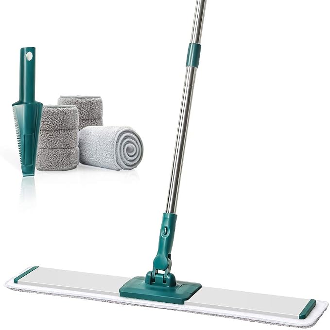 CQT Commercial Flat Microfiber Floor Mop Cleaning System 24" Inch Wet Dry and Dust Hardwood with 4 Washable Pads Cleaner for Laminate Tile Stainless Steel Handle and Extension (PT14 Green)