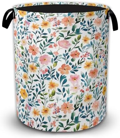 Vibrant Summer Floral Laundry Basket with Handles, Waterproof Foldable Laundry Hamper, Large Capacity Oxford Cloth Clothes Storage Basket for Bathroom Bedroom Dorm