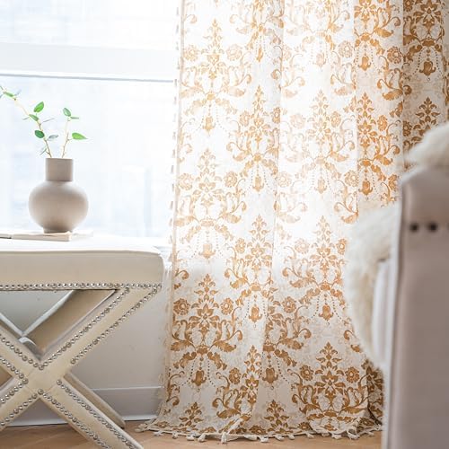 Sutuo Home Boho Curtains 84 Inches Length for Bedroom Living Room, Printed Moroccan Cotton Linen Rod Pocket Rustic Farmhouse Bohemian Tassels Window Treatment, 1 Panel 59" W x 84" L, Brown Damask