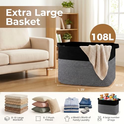 OIASKET 108L Cotton Rope Storage Basket for Living Room and Bedroom 25"x16"x16" Woven Laundry Basket, Heavy Duty Bin for Blankets, Pillows & Toys, Pet-Safe & Scratch-Free, Black