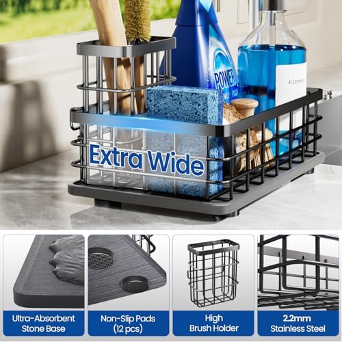 Kitchen Sink Organizer, Large Sink Caddy with Sponge Holder & Diatomite Mat | Cleaning Supplies in One Place, Kitchen Countertop Organizer, Home Essentials, Brush Holder, Quick Dry Tray, Fewer Puddles