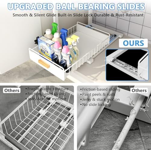 Under Sink Organizer Kitchen - Upgraded Professional Rails, 2 Tier Dual Pull Out Cabinet Storage, Height Adjustable Under Sink Storage, Metal Sliding Drawer for Kitchen & Bathroom, White, 2 Pack