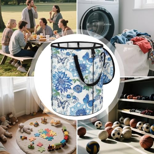 doginthehole Blue Floral Butterfly Collapsible Trash Can with Lid 20 Gallons Outdoor Waste Basket Bin Waterproof Garbage Cans Recycling Trash Can for Camping Beach Travel Yard Home Decorations